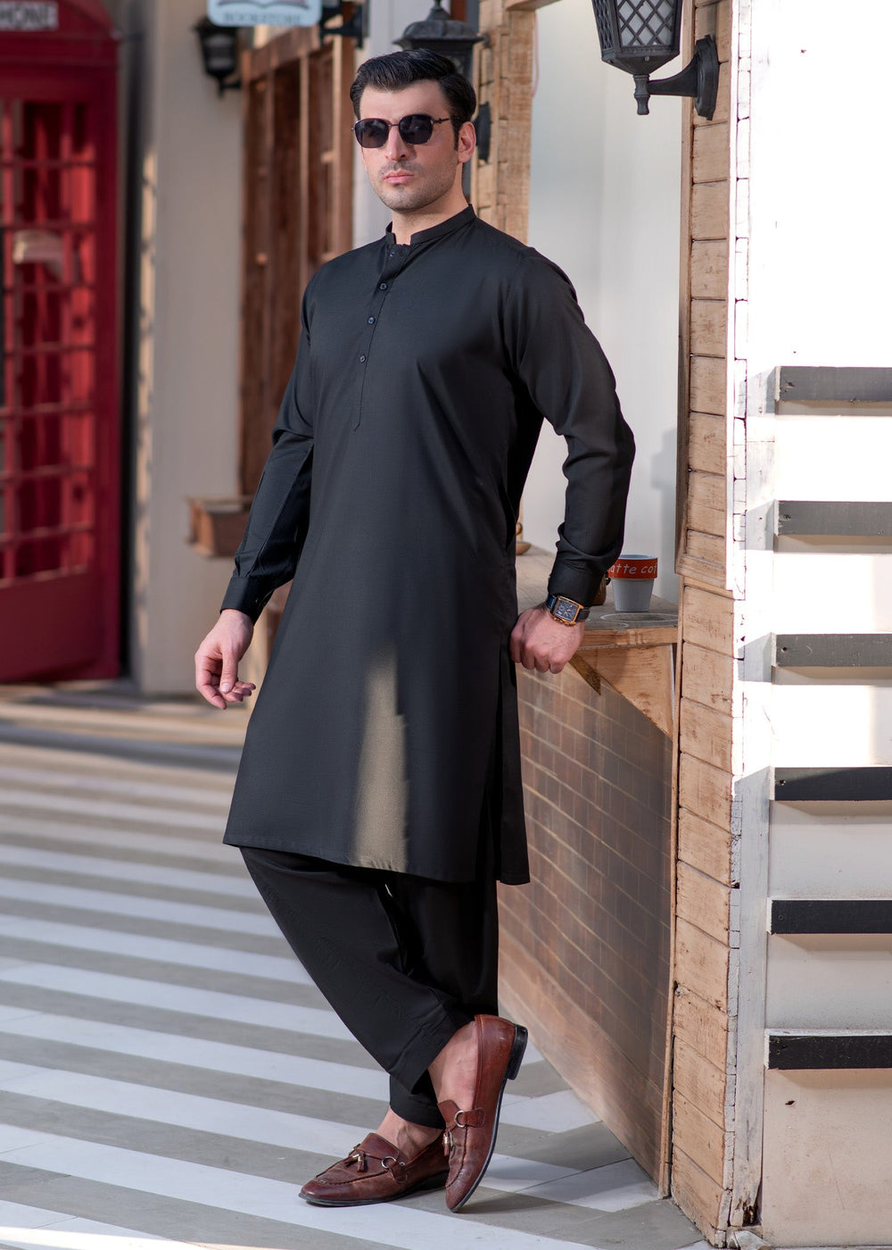 Shahkaar by Buraq Mens RTW Solids Wash N Wear 2 Piece Suit Black Ban Casual Collection