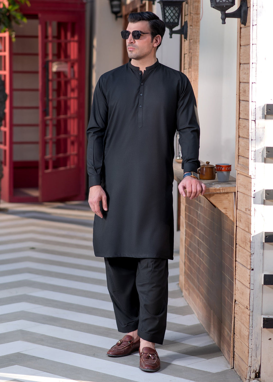 Shahkaar by Buraq Mens RTW Solids Wash N Wear 2 Piece Suit Black Ban Casual Collection
