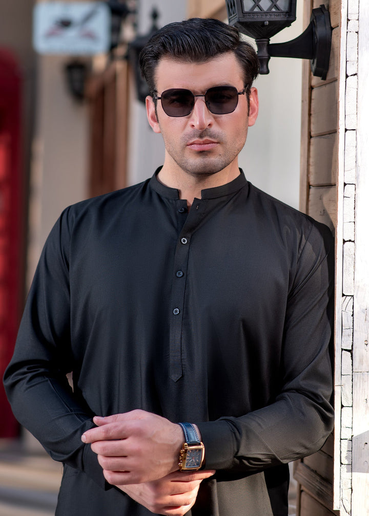 Shahkaar by Buraq Mens RTW Solids Wash N Wear 2 Piece Suit Black Ban Casual Collection