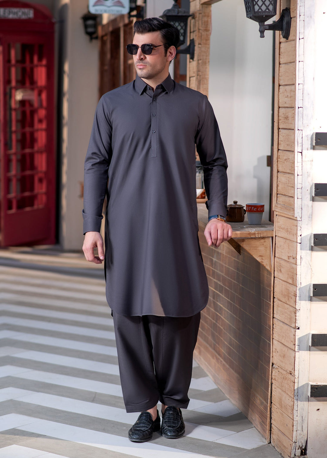 Shahkaar by Buraq Mens RTW Solids Wash N Wear 2 Piece Suit Grey Collar Casual Collection