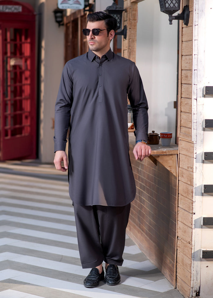 Shahkaar by Buraq Mens RTW Solids Wash N Wear 2 Piece Suit Grey Collar Casual Collection