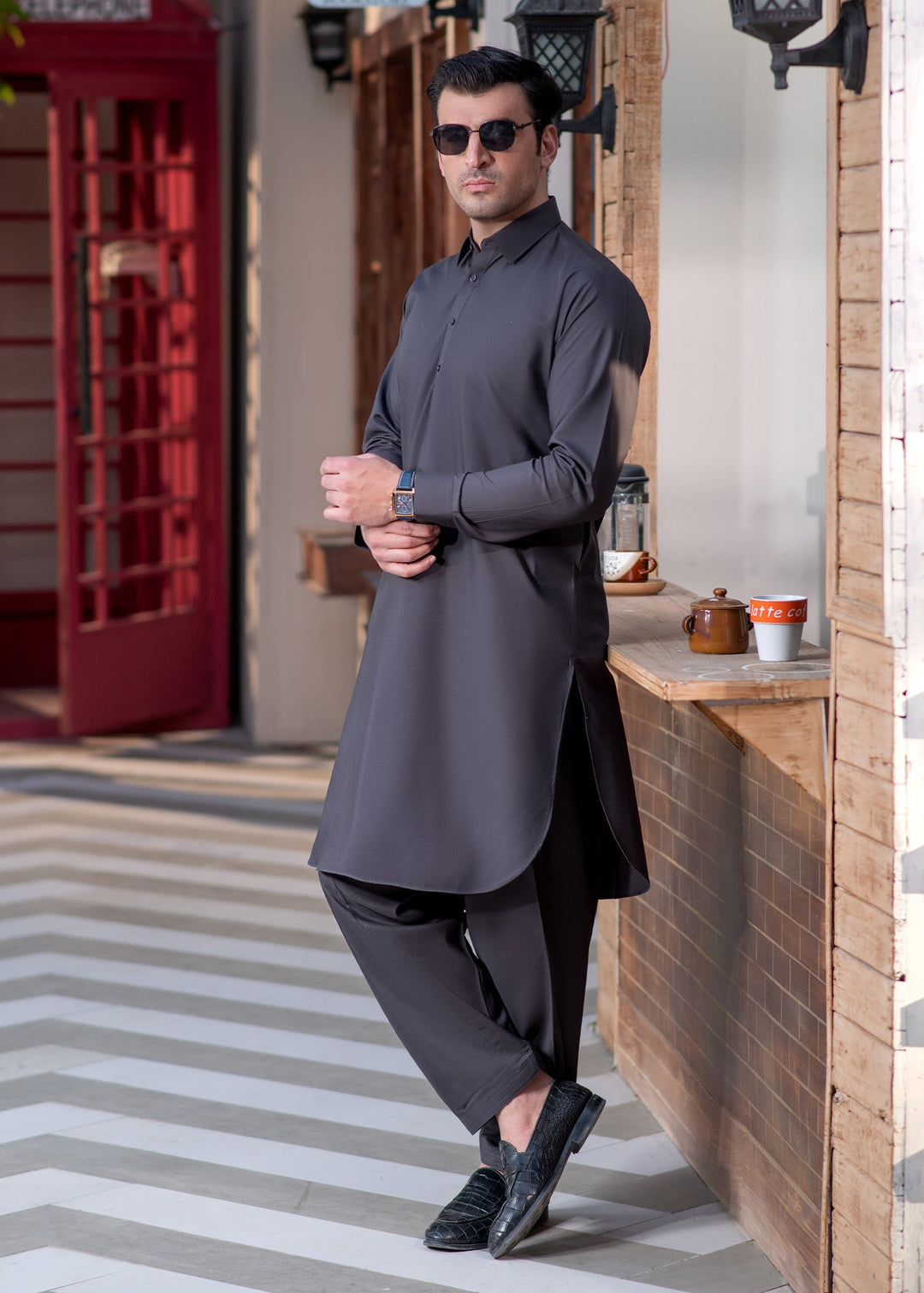 Shahkaar by Buraq Mens RTW Solids Wash N Wear 2 Piece Suit Grey Collar Casual Collection
