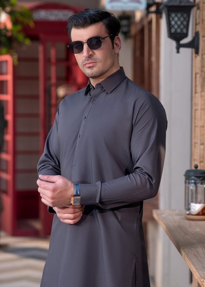 Shahkaar by Buraq Mens RTW Solids Wash N Wear 2 Piece Suit Grey Collar Casual Collection