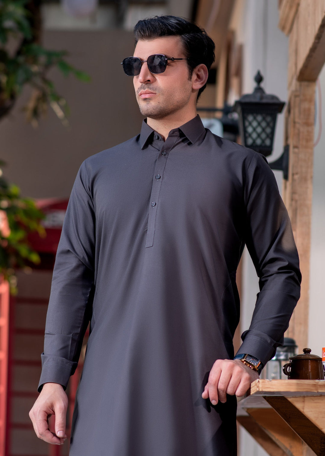 Shahkaar by Buraq Mens RTW Solids Wash N Wear 2 Piece Suit Grey Collar Casual Collection