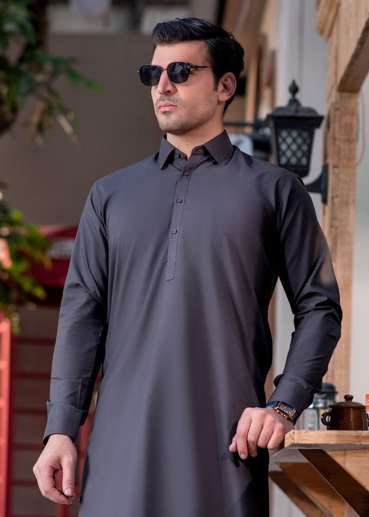 Shahkaar by Buraq Mens RTW Solids Wash N Wear 2 Piece Suit Grey Collar Casual Collection