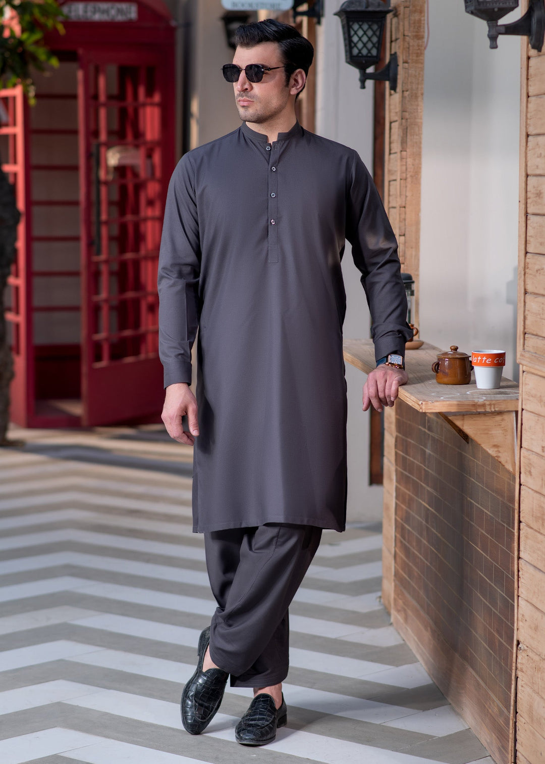 Shahkaar by Buraq Mens RTW Solids Wash N Wear 2 Piece Suit Grey Ban Casual Collection