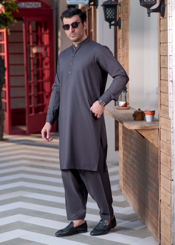 Shahkaar by Buraq Mens RTW Solids Wash N Wear 2 Piece Suit Grey Ban Casual Collection