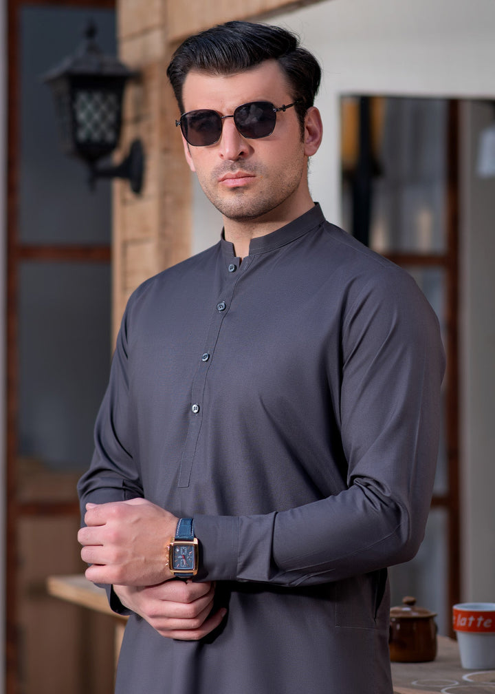 Shahkaar by Buraq Mens RTW Solids Wash N Wear 2 Piece Suit Grey Ban Casual Collection