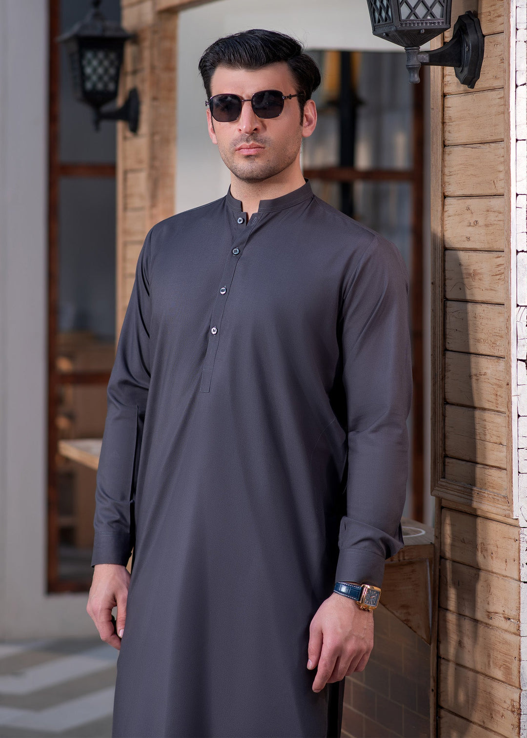 Shahkaar by Buraq Mens RTW Solids Wash N Wear 2 Piece Suit Grey Ban Casual Collection