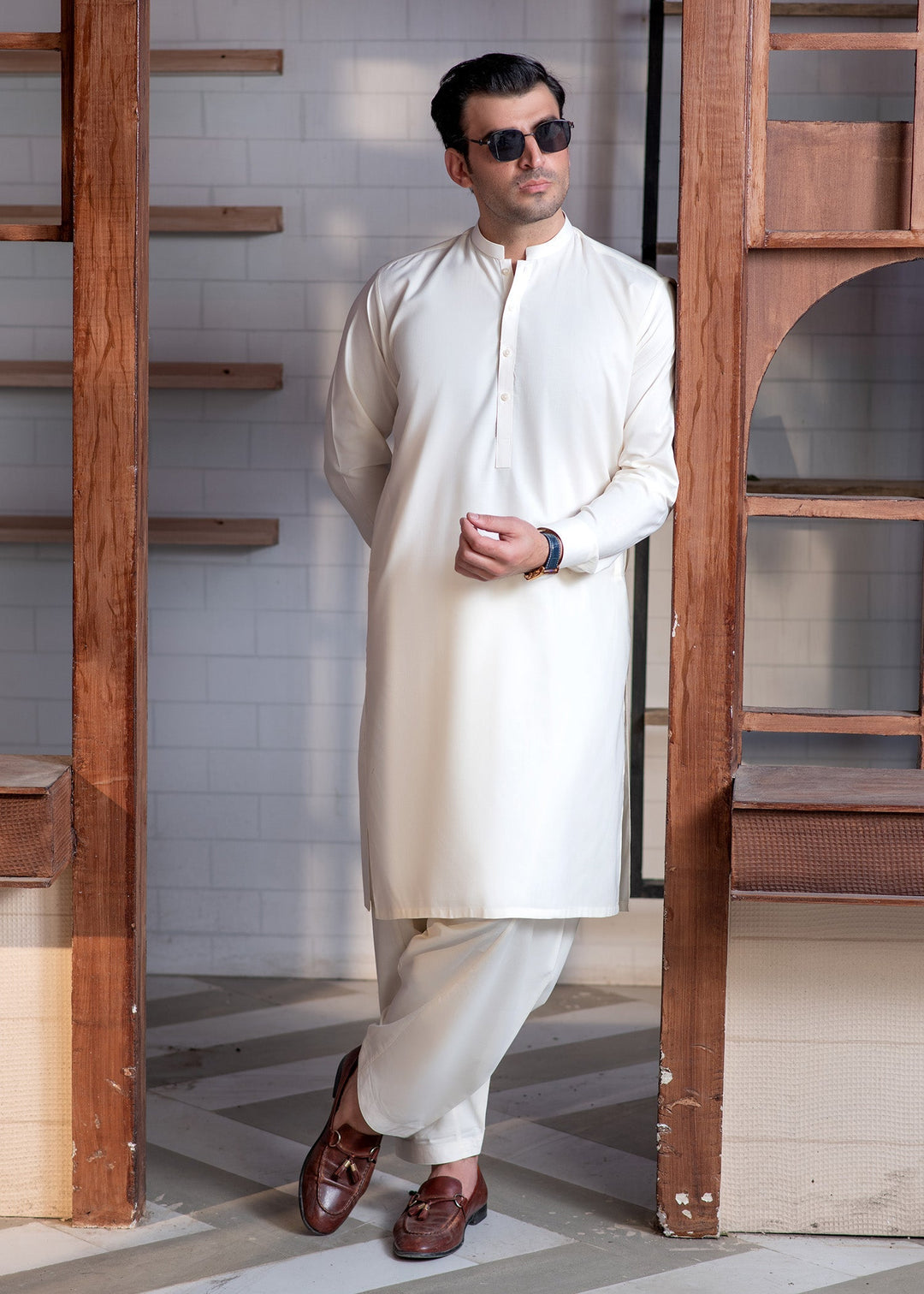Shahkaar by Buraq Mens RTW Solids Wash N Wear 2 Piece Suit Cream Booski Ban Casual Collection