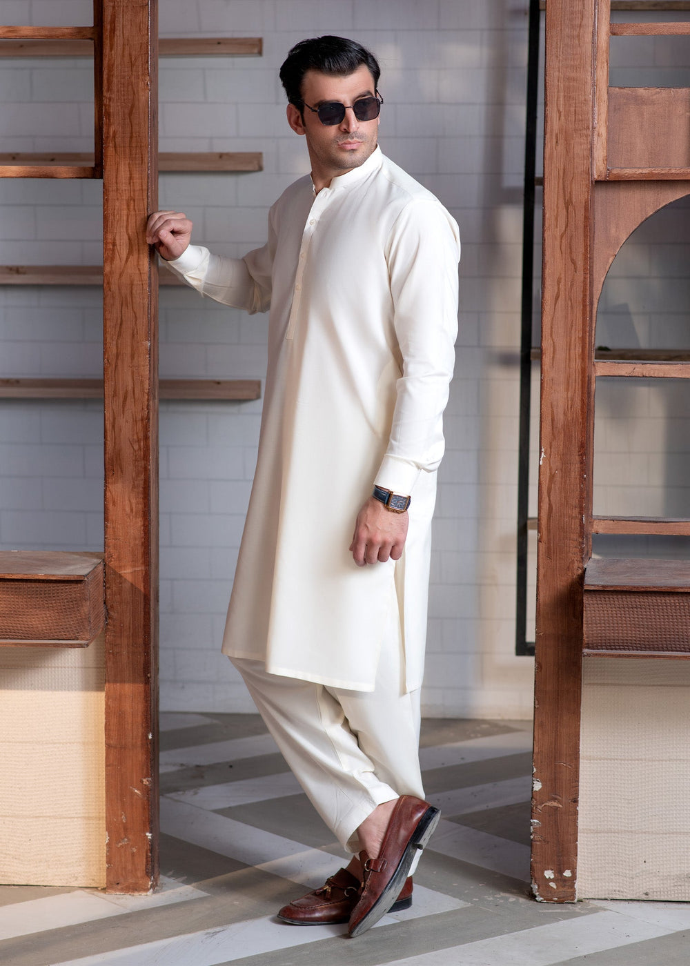 Shahkaar by Buraq Mens RTW Solids Wash N Wear 2 Piece Suit Cream Booski Ban Casual Collection