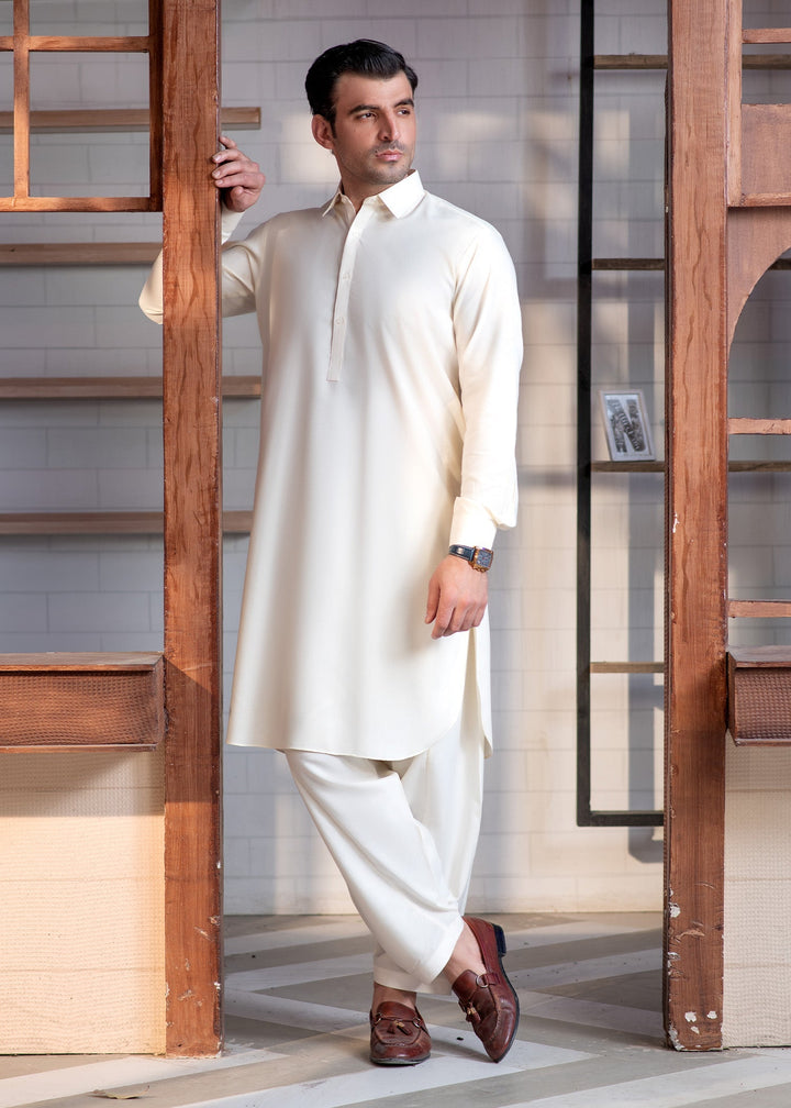 Shahkaar by Buraq Mens RTW Solids Wash N Wear 2 Piece Suit Cream Booski Collar Casual Collection
