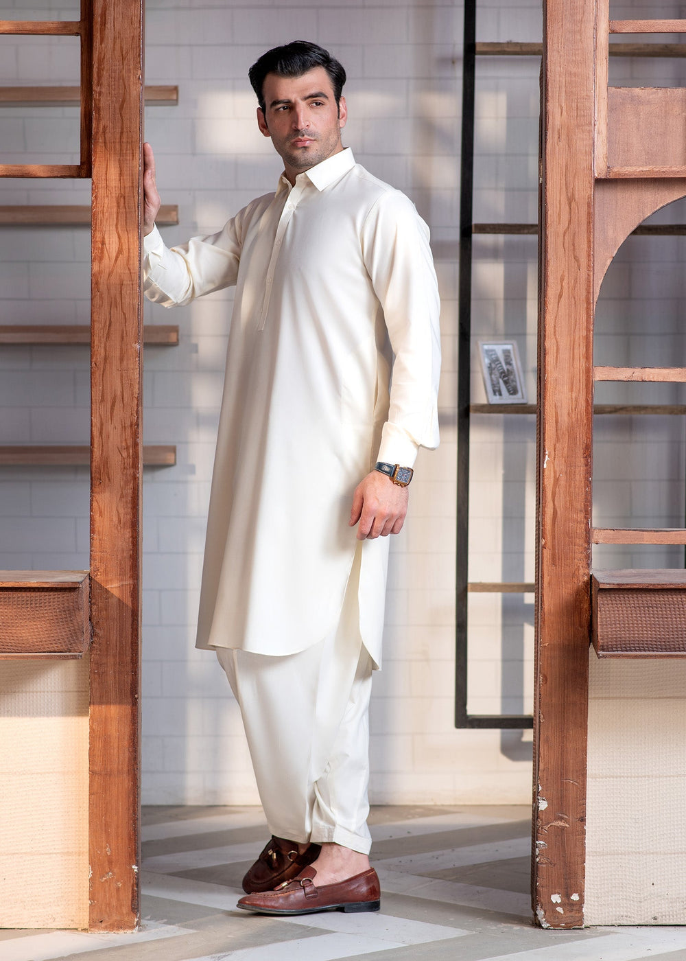 Shahkaar by Buraq Mens RTW Solids Wash N Wear 2 Piece Suit Cream Booski Collar Casual Collection