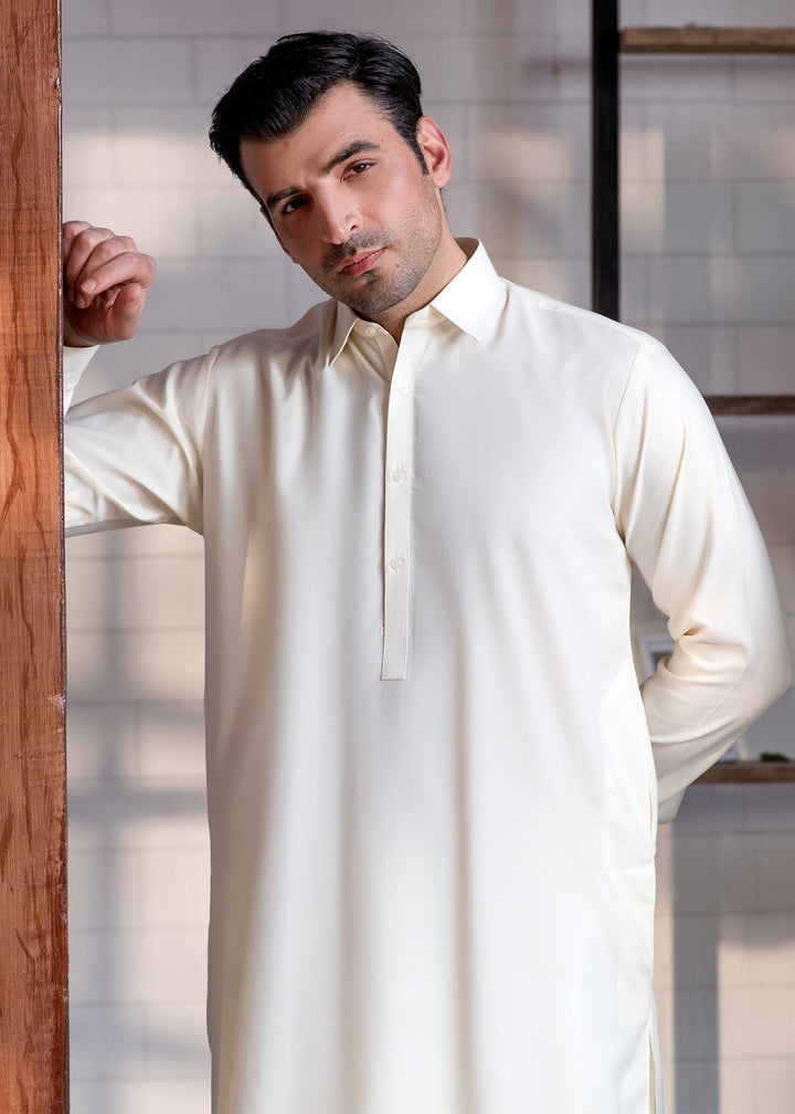 Shahkaar by Buraq Mens RTW Solids Wash N Wear 2 Piece Suit Cream Booski Collar Casual Collection