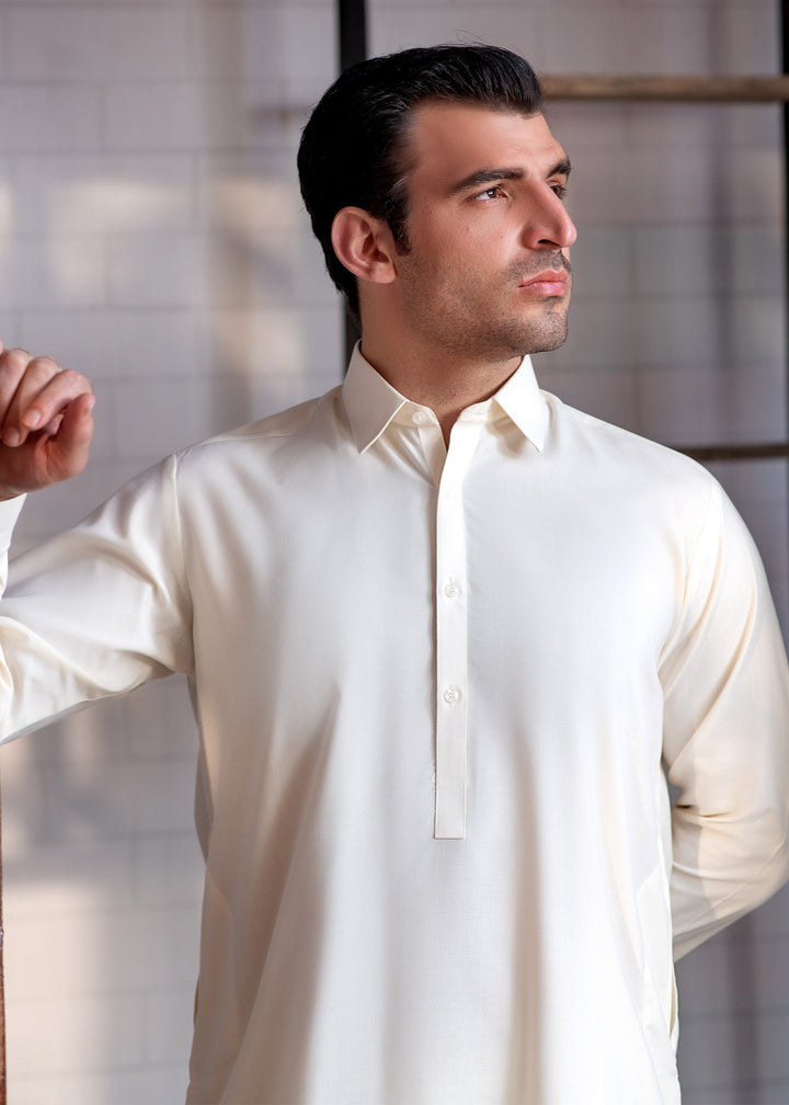 Shahkaar by Buraq Mens RTW Solids Wash N Wear 2 Piece Suit Cream Booski Collar Casual Collection