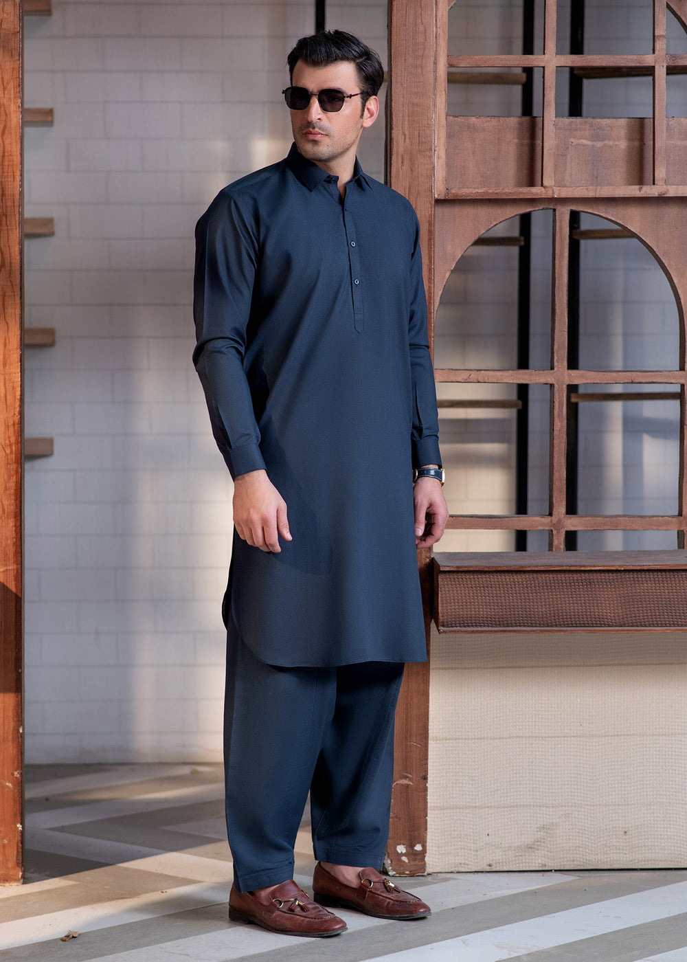 Shahkaar by Buraq Mens RTW Solids Wash N Wear 2 Piece Suit Blue Collar Casual Collection