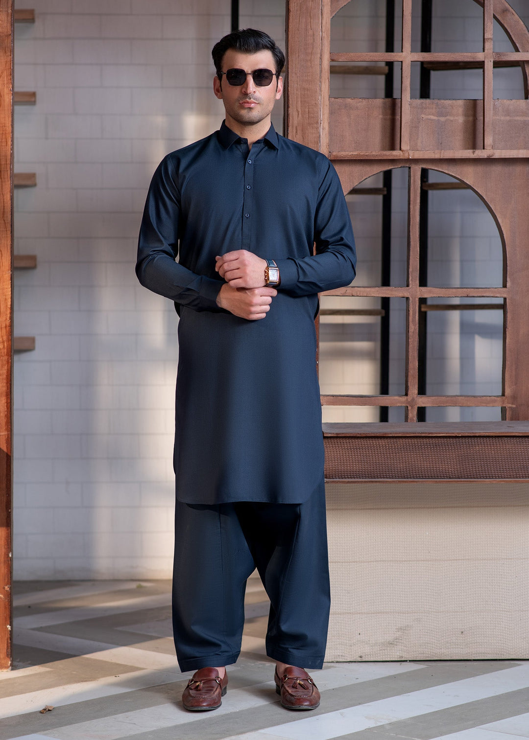 Shahkaar by Buraq Mens RTW Solids Wash N Wear 2 Piece Suit Blue Collar Casual Collection