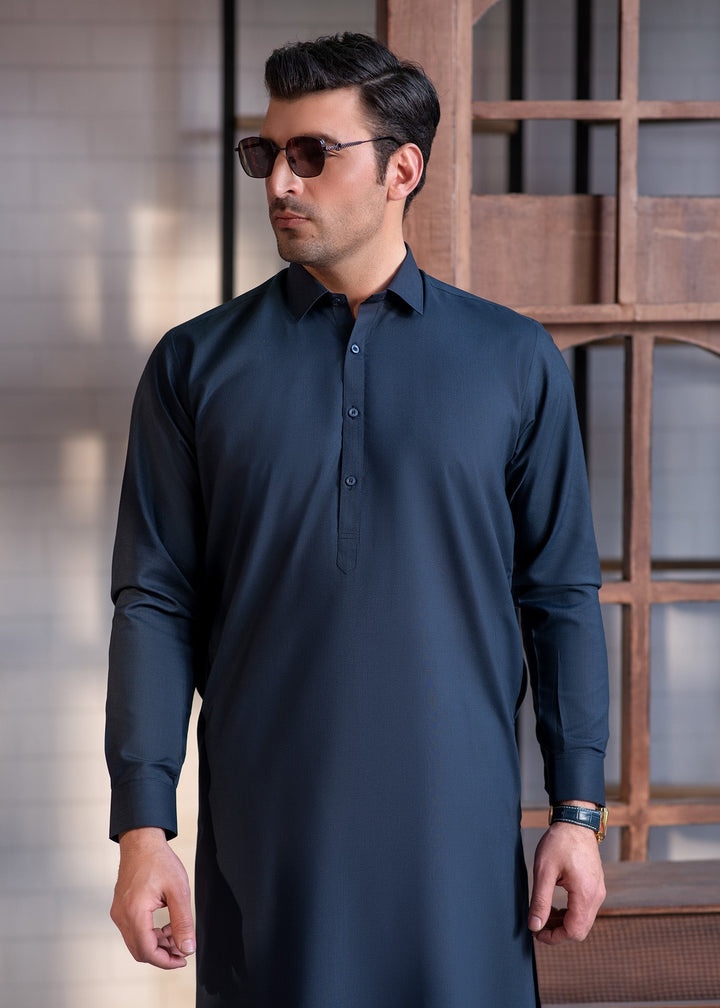 Shahkaar by Buraq Mens RTW Solids Wash N Wear 2 Piece Suit Blue Collar Casual Collection