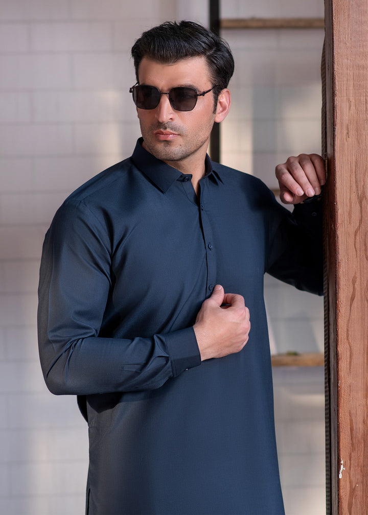 Shahkaar by Buraq Mens RTW Solids Wash N Wear 2 Piece Suit Blue Collar Casual Collection