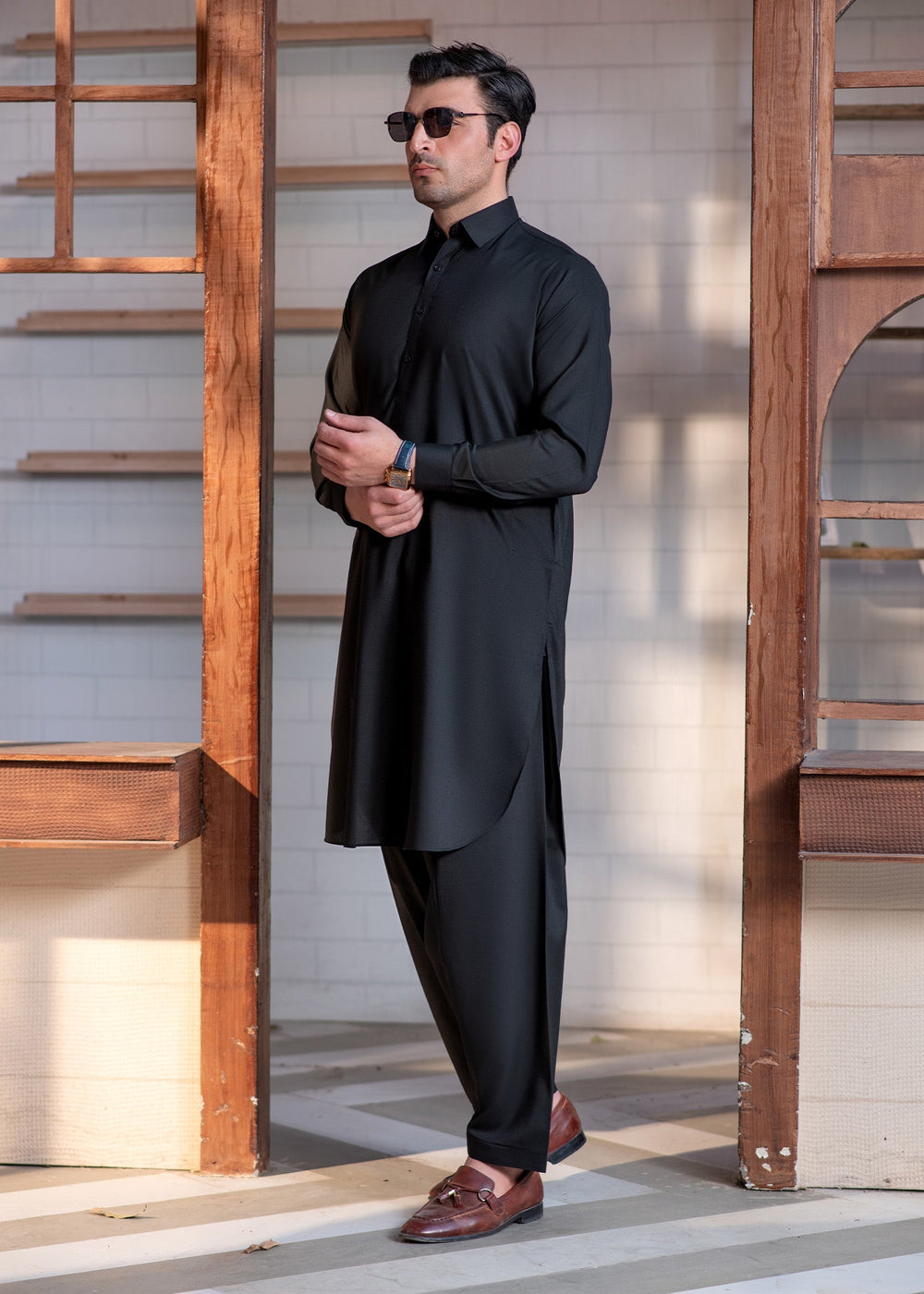 Shahkaar by Buraq Mens RTW Solids Wash N Wear 2 Piece Suit Black Collar Casual Collection