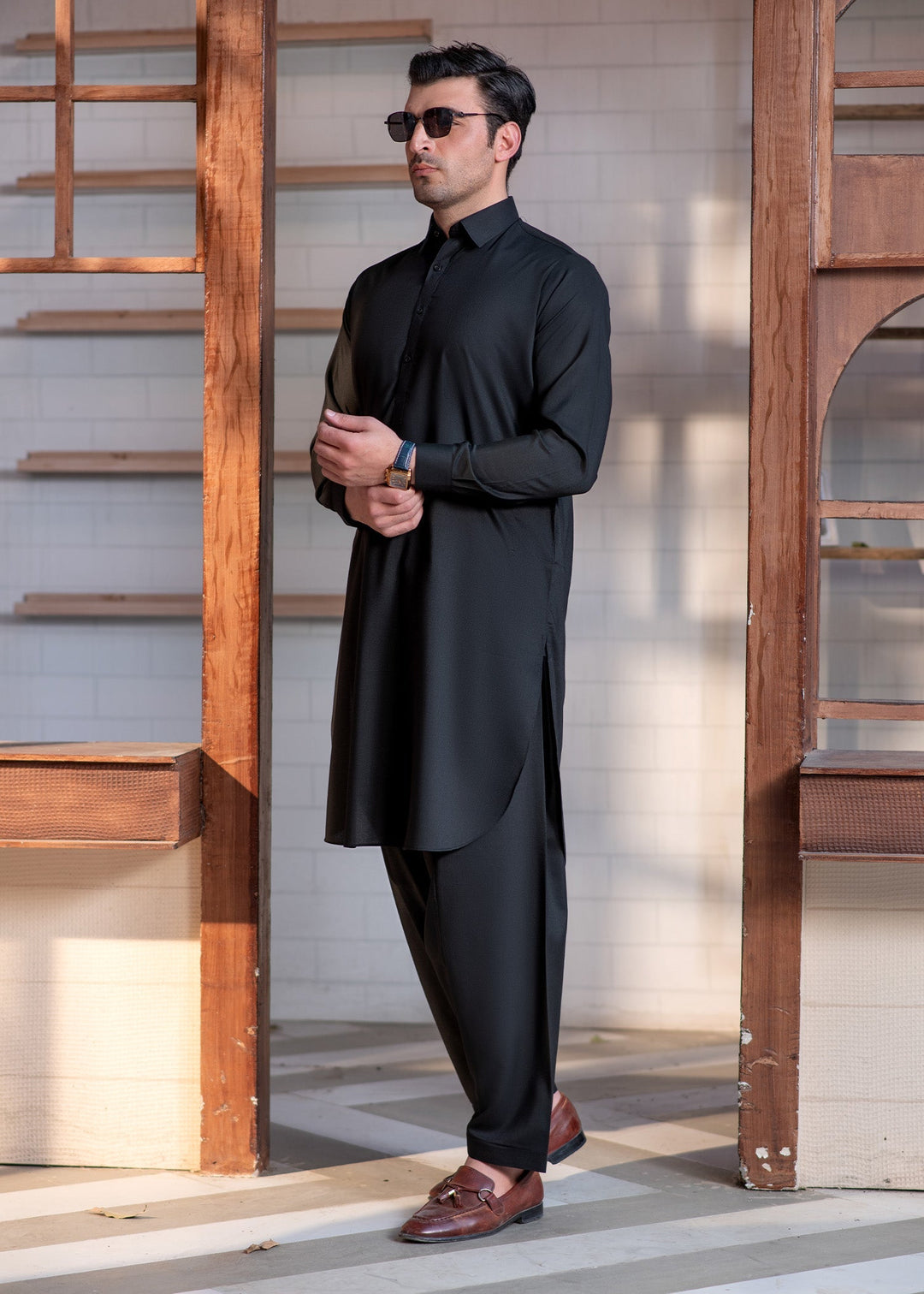 Shahkaar by Buraq Mens RTW Solids Wash N Wear 2 Piece Suit Black Collar Casual Collection