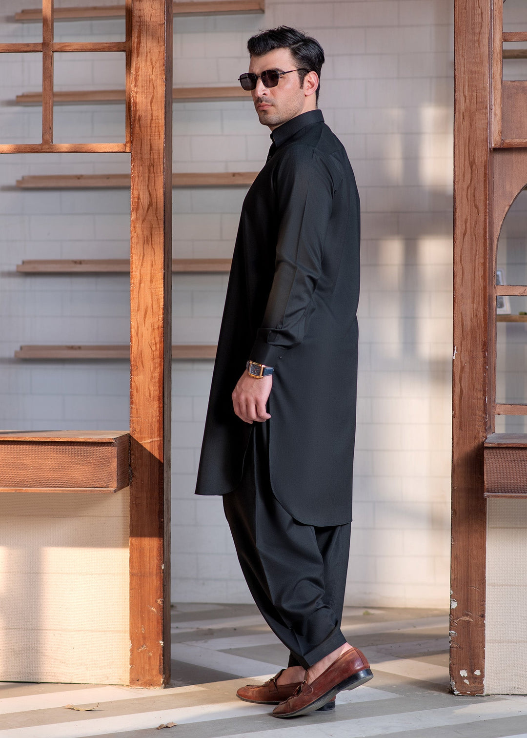 Shahkaar by Buraq Mens RTW Solids Wash N Wear 2 Piece Suit Black Collar Casual Collection
