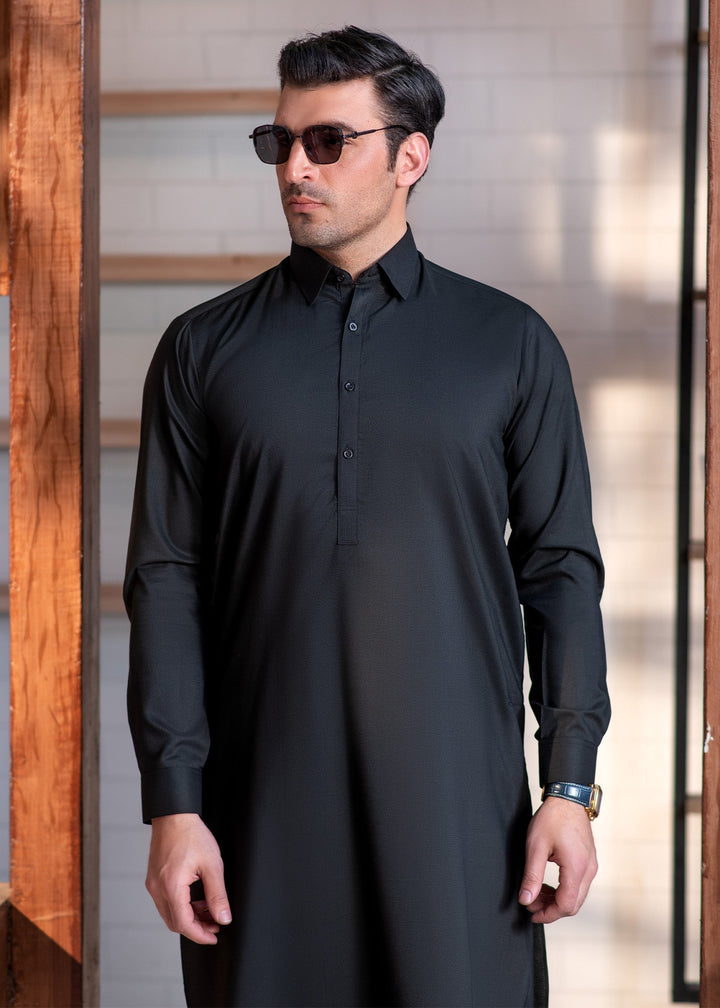 Shahkaar by Buraq Mens RTW Solids Wash N Wear 2 Piece Suit Black Collar Casual Collection