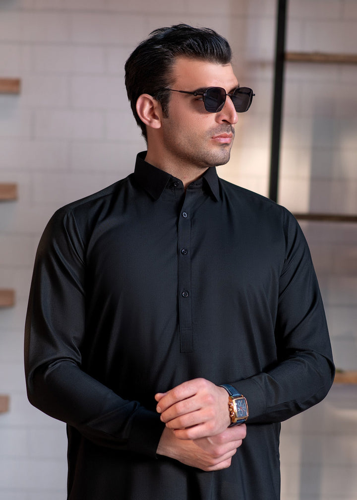 Shahkaar by Buraq Mens RTW Solids Wash N Wear 2 Piece Suit Black Collar Casual Collection