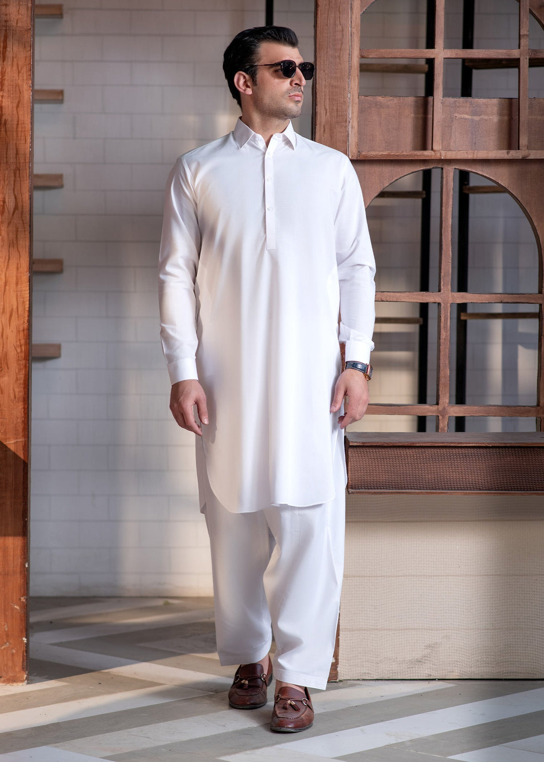 Shahkaar by Buraq Mens RTW Solids Wash N Wear 2 Piece Suit Off White Collar Casual Collection