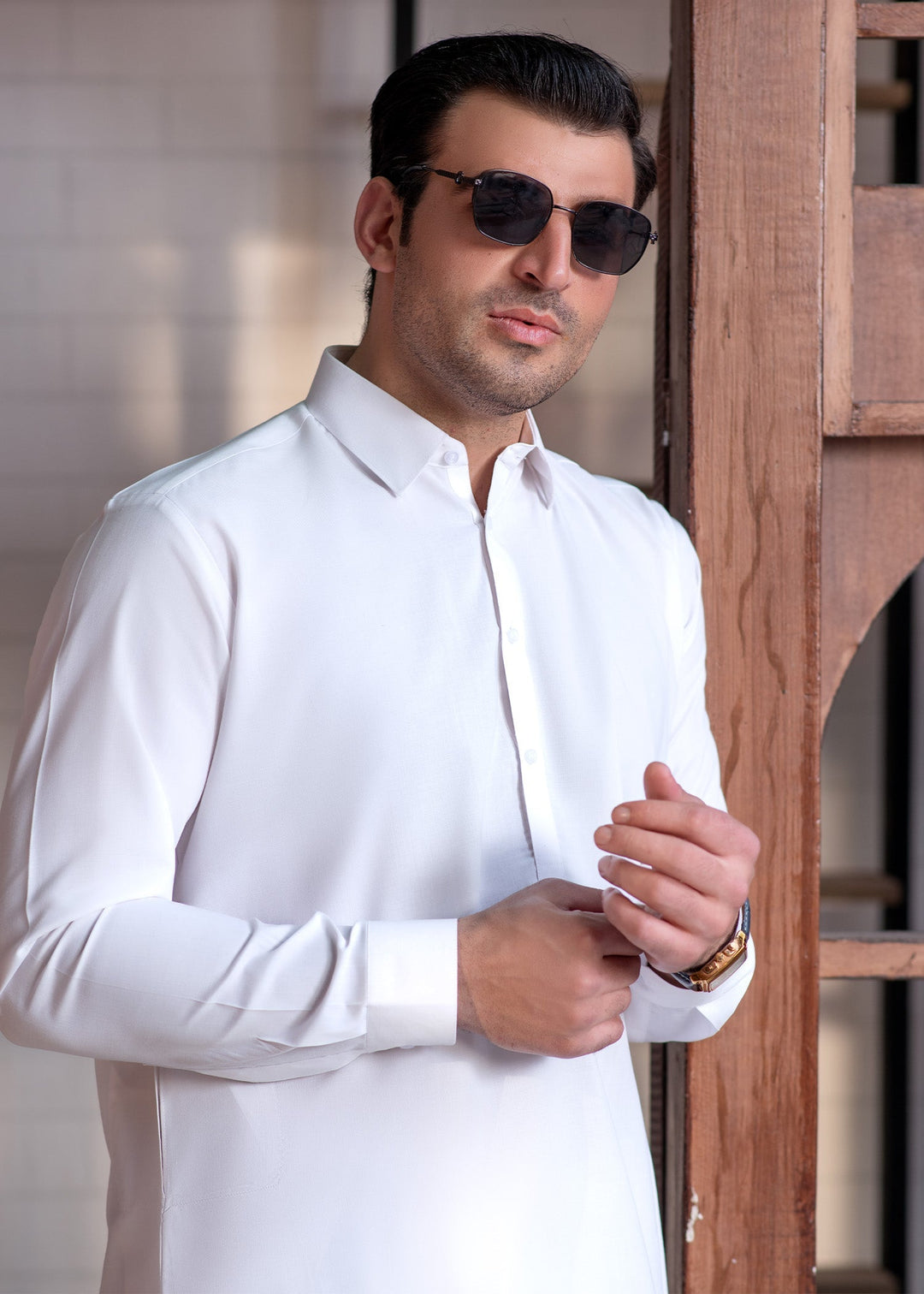 Shahkaar by Buraq Mens RTW Solids Wash N Wear 2 Piece Suit Off White Collar Casual Collection