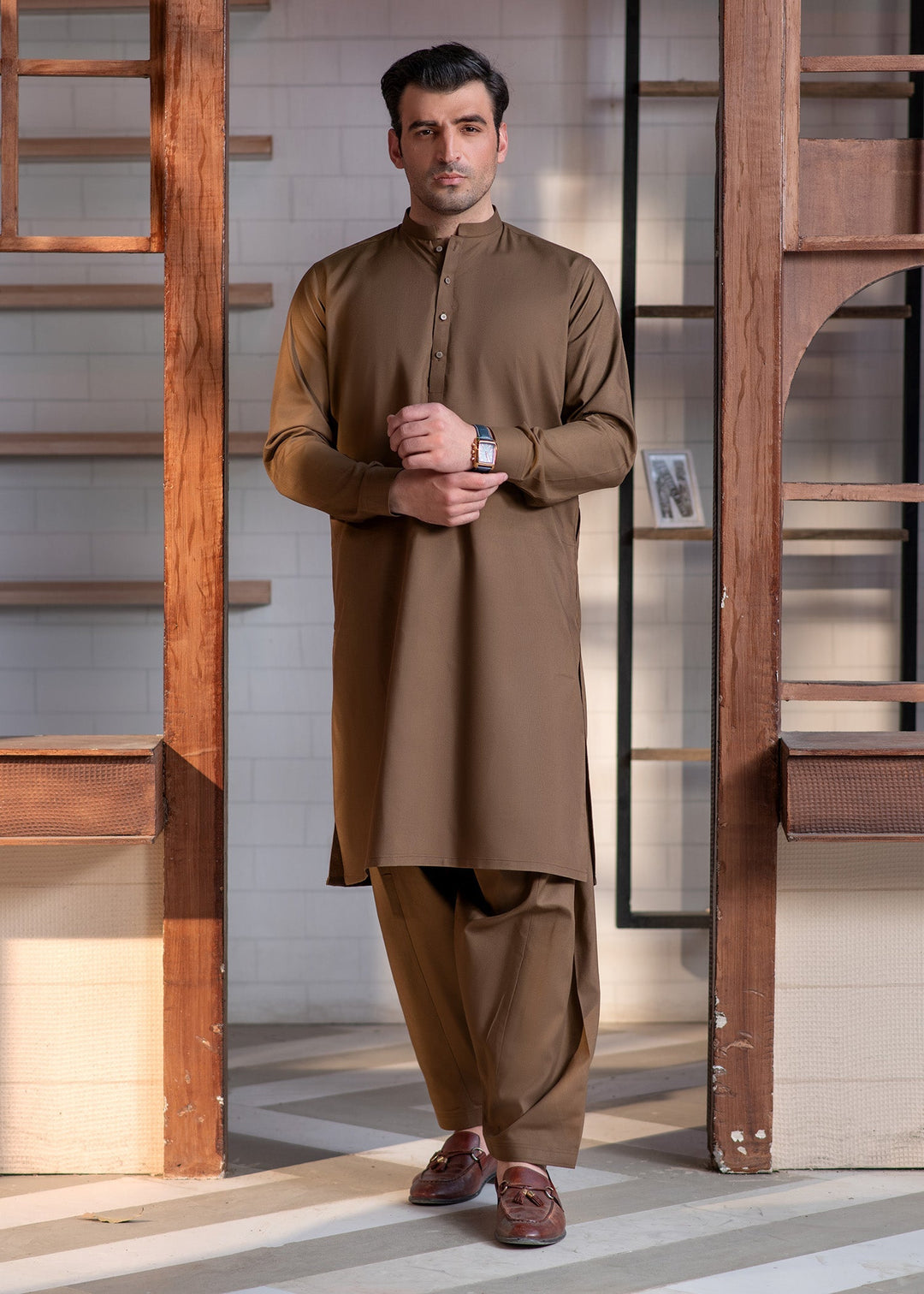 Shahkaar by Buraq Mens RTW Solids Wash N Wear 2 Piece Suit Camel Brown Ban Casual Collection