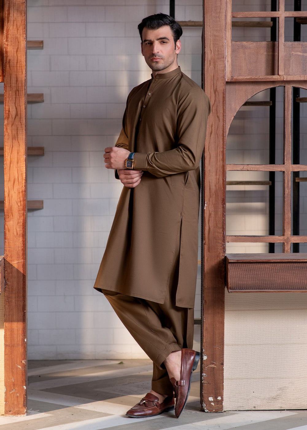 Shahkaar by Buraq Mens RTW Solids Wash N Wear 2 Piece Suit Camel Brown Ban Casual Collection