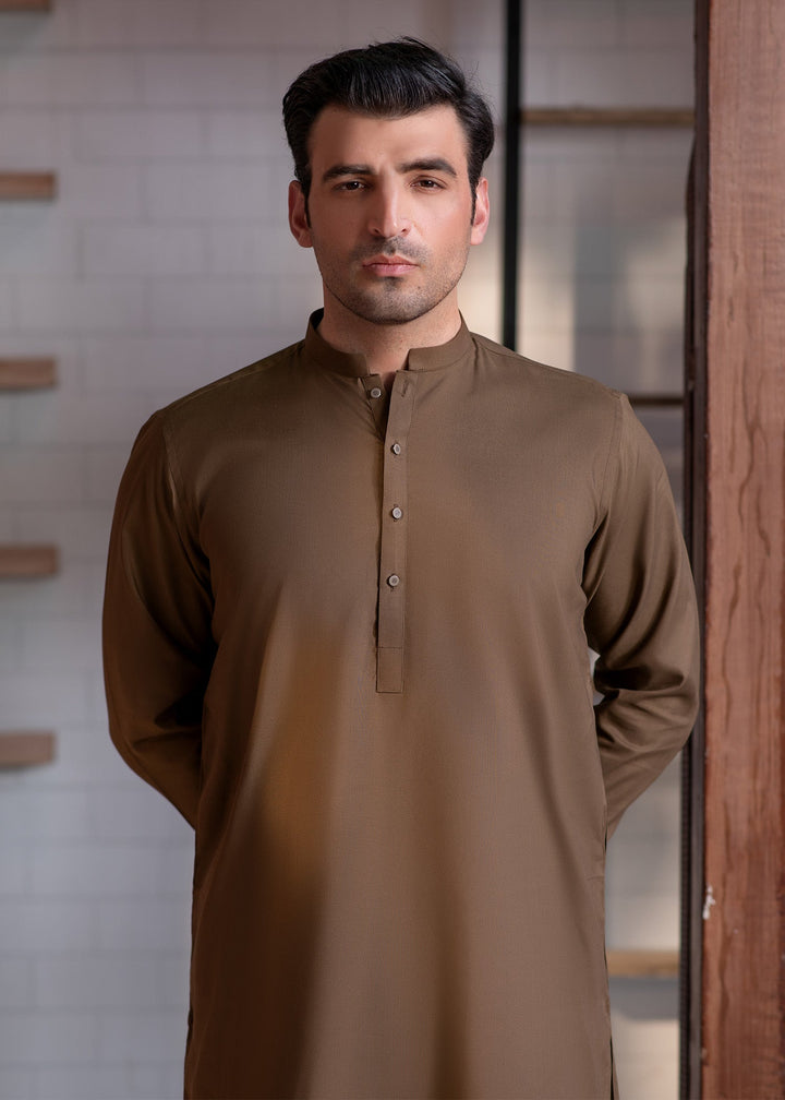 Shahkaar by Buraq Mens RTW Solids Wash N Wear 2 Piece Suit Camel Brown Ban Casual Collection