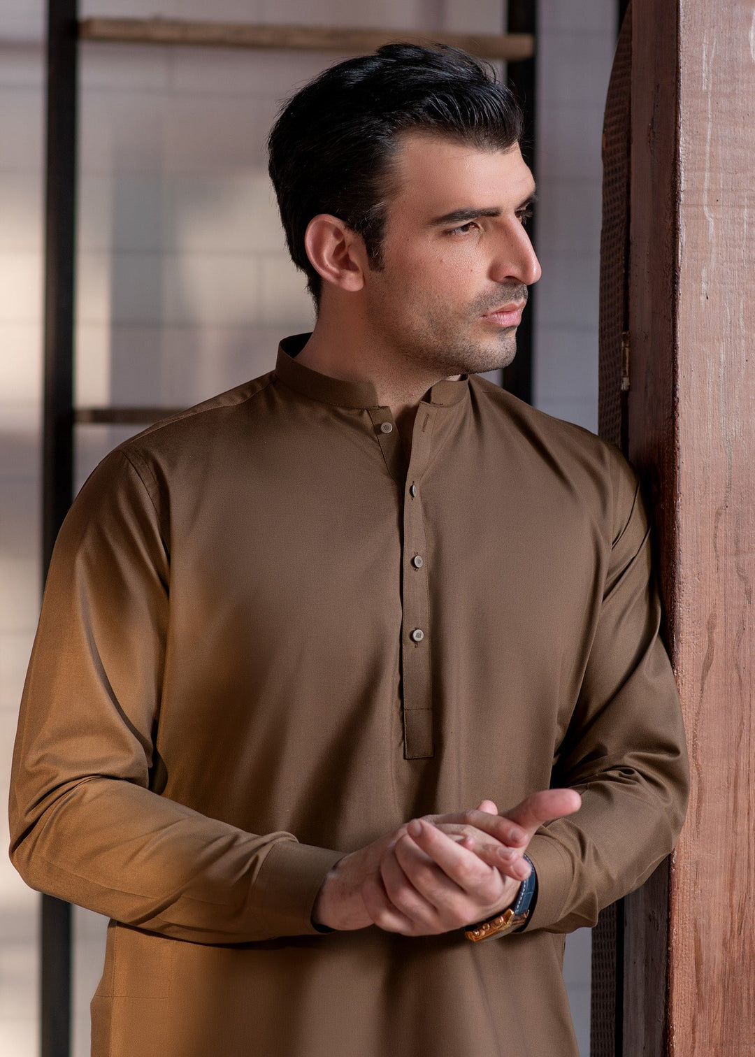 Shahkaar by Buraq Mens RTW Solids Wash N Wear 2 Piece Suit Camel Brown Ban Casual Collection