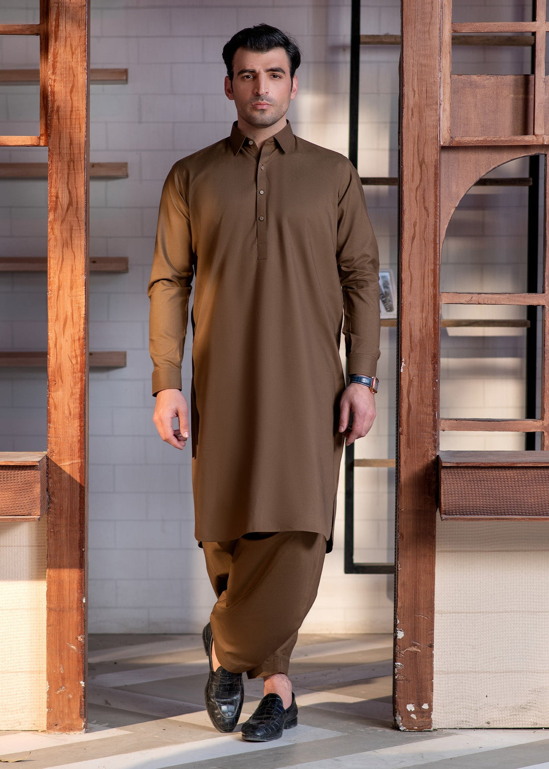 Shahkaar by Buraq Mens RTW Solids Wash N Wear 2 Piece Suit Camel Brown Collar Casual Collection