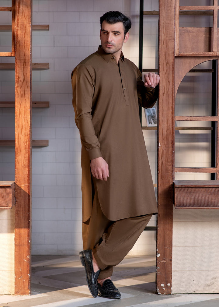Shahkaar by Buraq Mens RTW Solids Wash N Wear 2 Piece Suit Camel Brown Collar Casual Collection