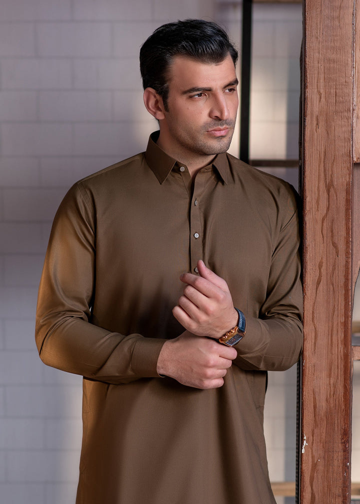 Shahkaar by Buraq Mens RTW Solids Wash N Wear 2 Piece Suit Camel Brown Collar Casual Collection