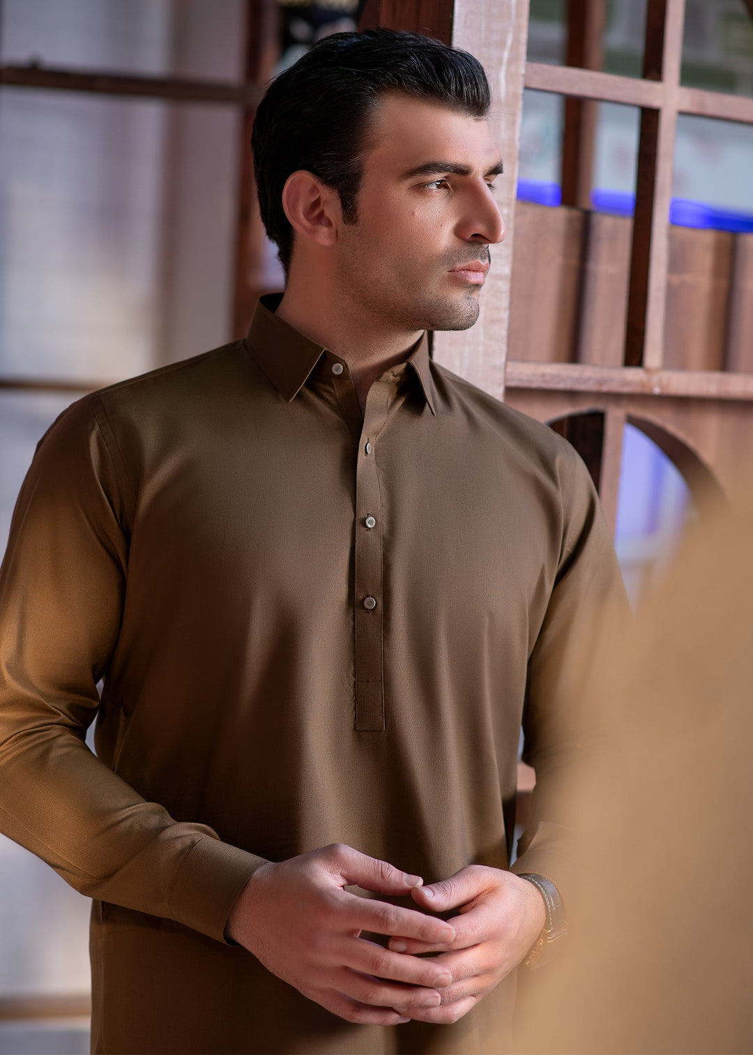 Shahkaar by Buraq Mens RTW Solids Wash N Wear 2 Piece Suit Camel Brown Collar Casual Collection