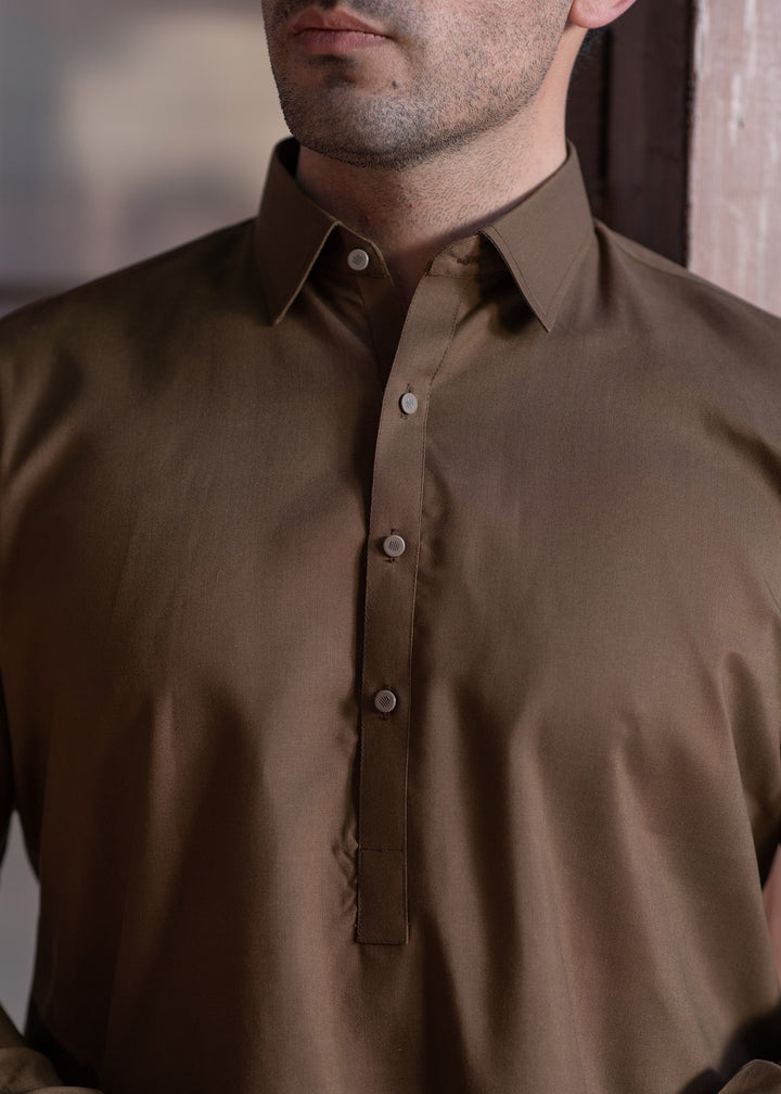 Shahkaar by Buraq Mens RTW Solids Wash N Wear 2 Piece Suit Camel Brown Collar Casual Collection