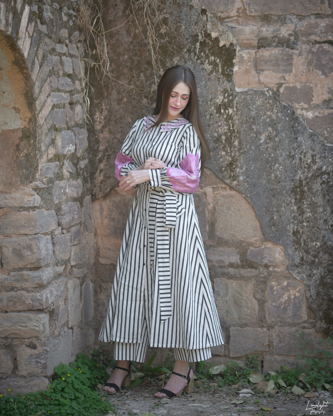 Urban Cut RTW Embroidered Cotton 1 Piece Striped Dress Casual Collection