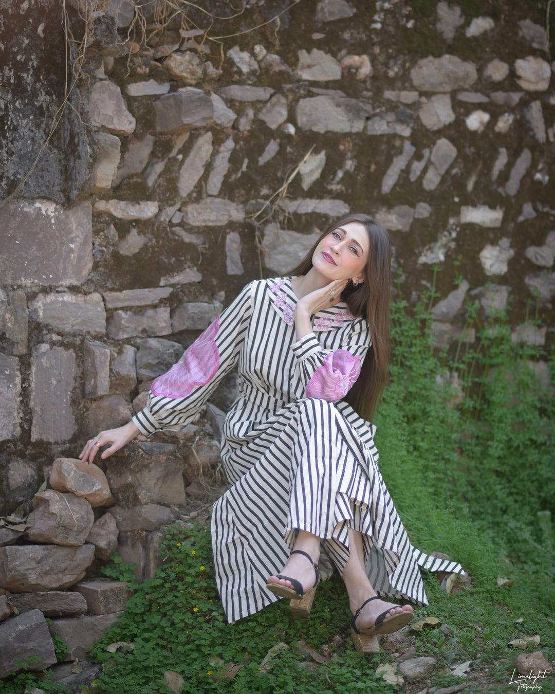 Urban Cut RTW Embroidered Cotton 1 Piece Striped Dress Casual Collection