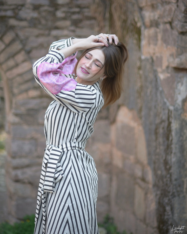 Urban Cut RTW Embroidered Cotton 1 Piece Striped Dress Casual Collection