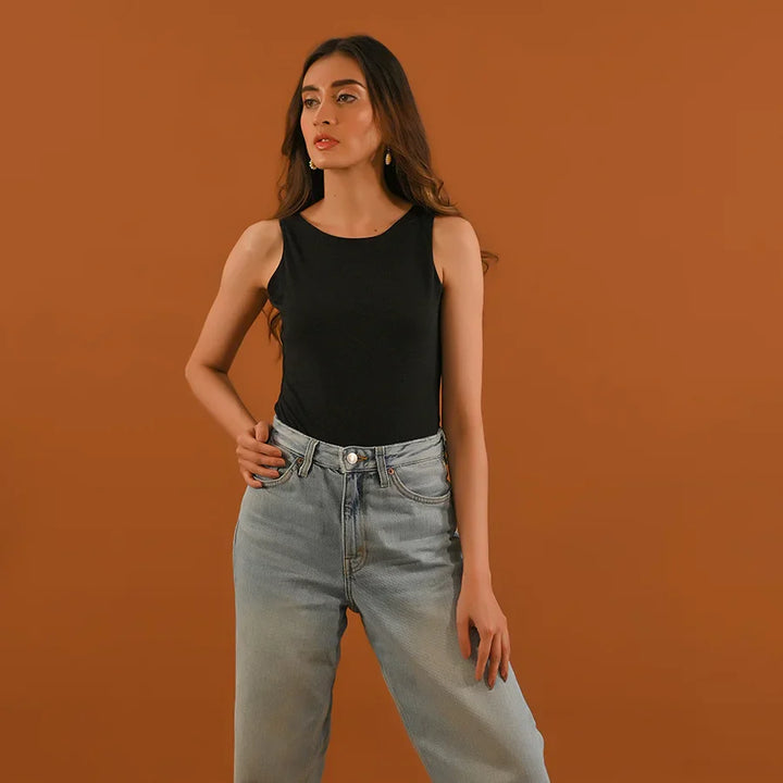 Dhaga Women Western Solids T- Shirt jersy Black Sleeveless Bodysuit DT10001 - Summer Collection
