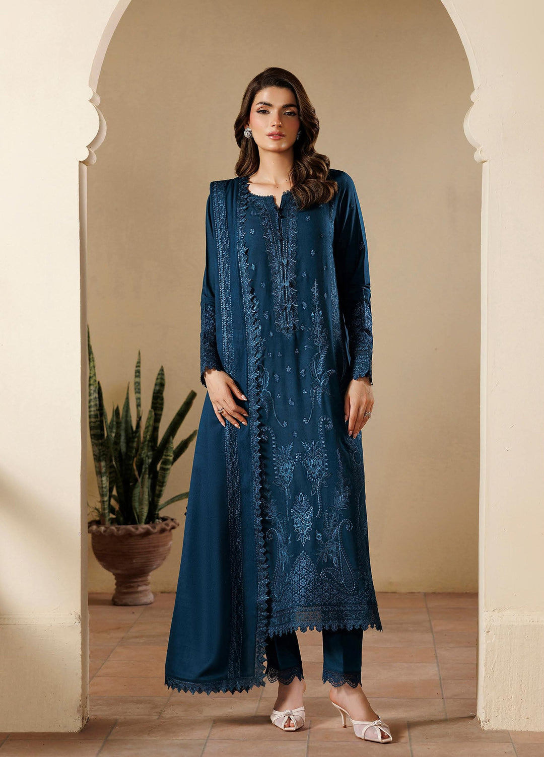 Exclusice by Daria Unstitched Embroidered Leather Peach 3 Piece Suit DN26UEL DA-191 - Winter Collection