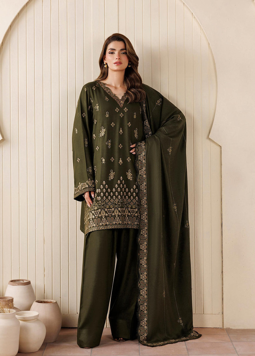 Exclusice by Daria Unstitched Embroidered Leather Peach 3 Piece Suit DN26UEL DA-193 - Winter Collection