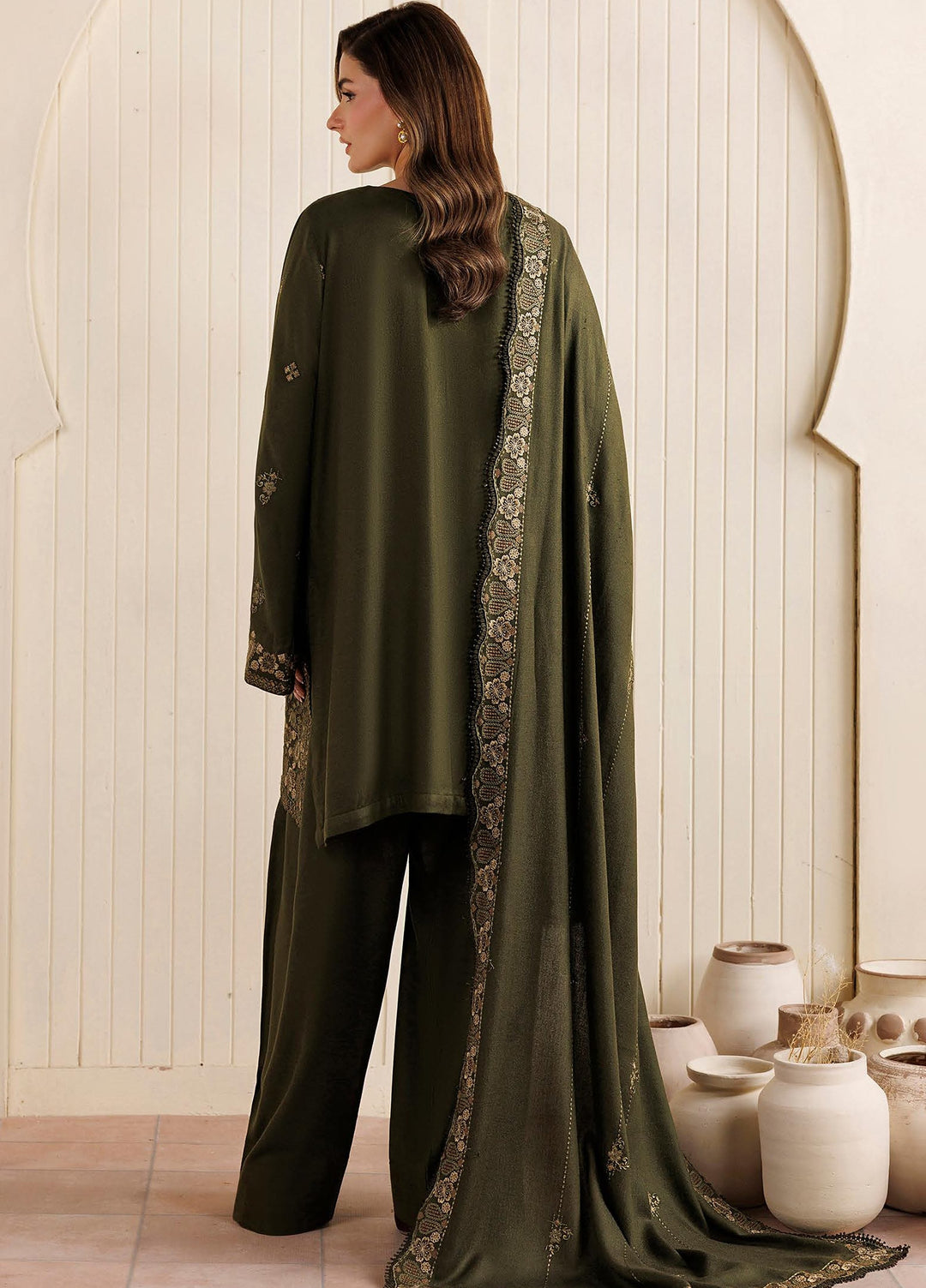 Exclusive by Daria Unstitched Embroidered Leather Peach 3 Piece Suit DN26UEL DA-193 - Winter Collection