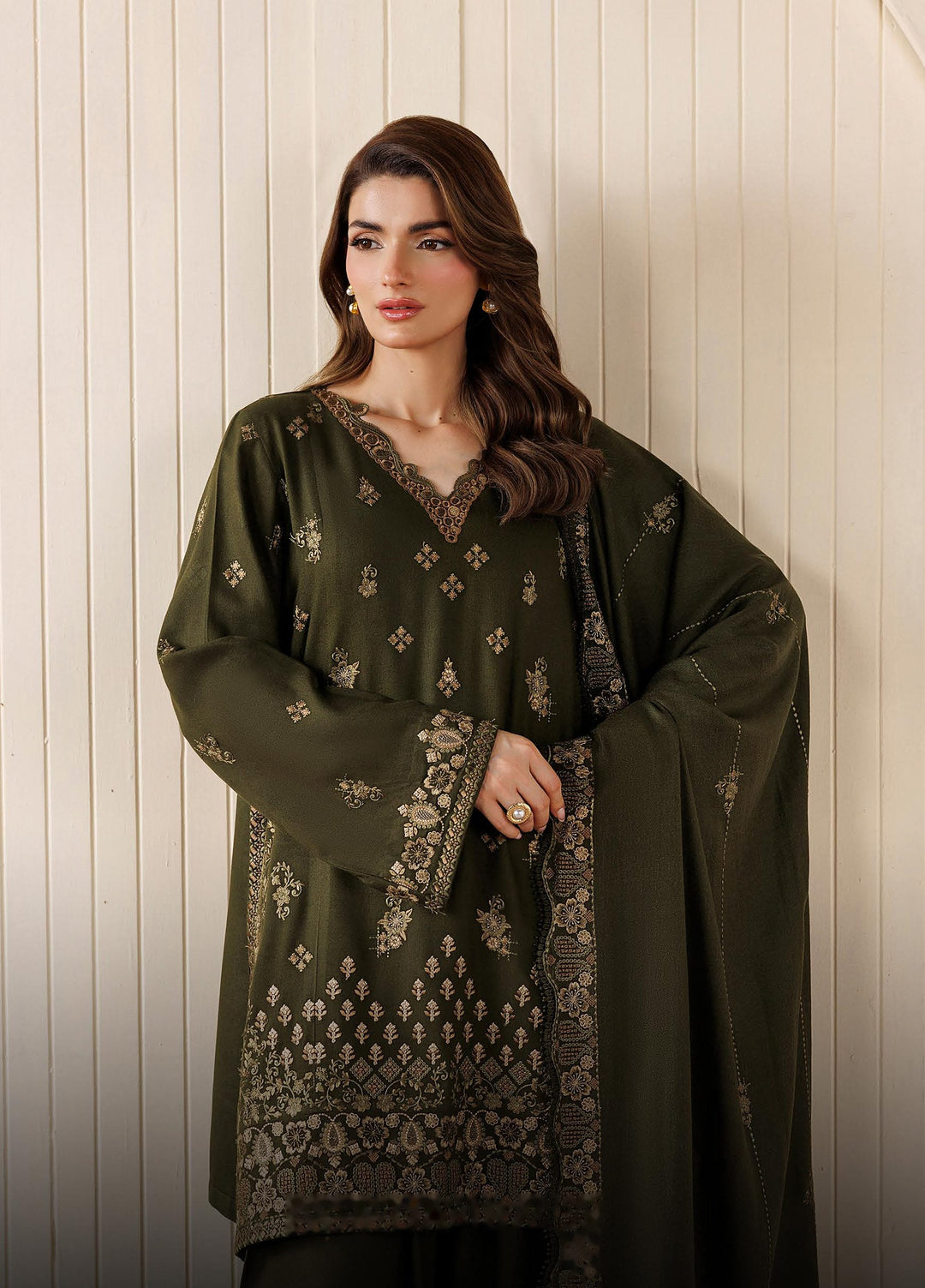 Exclusive by Daria Unstitched Embroidered Leather Peach 3 Piece Suit DN26UEL DA-193 - Winter Collection