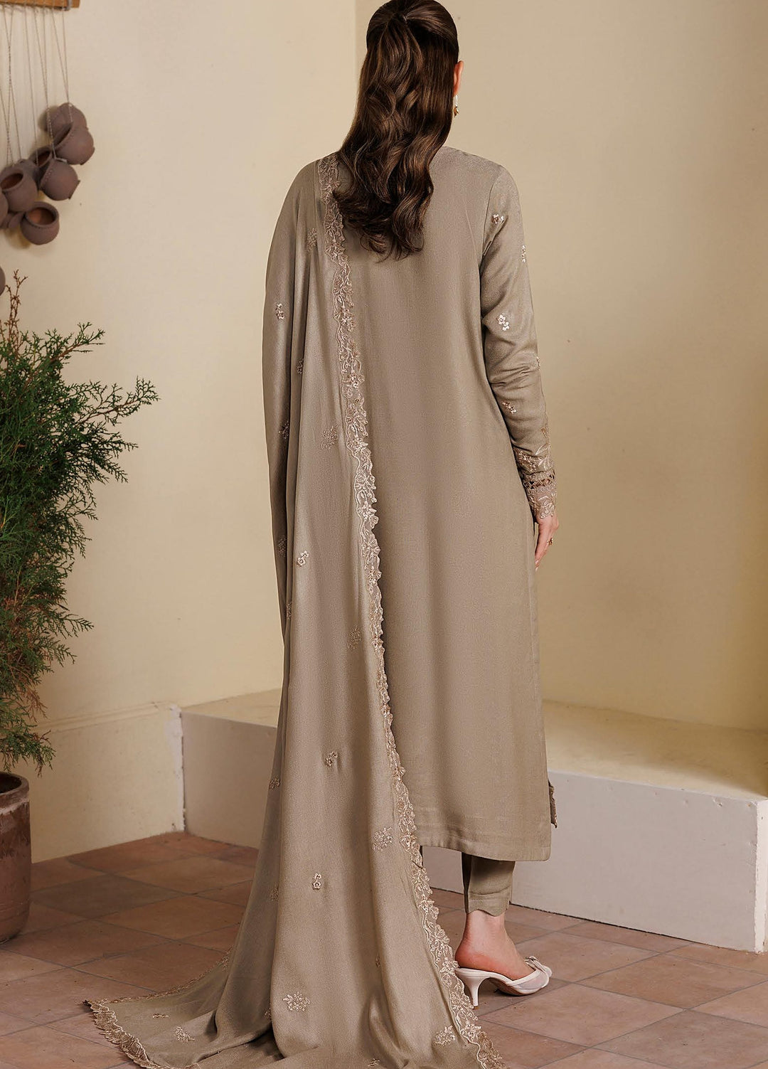 Exclusice by Daria Unstitched Embroidered Leather Peach 3 Piece Suit DN26UEL DA-195 - Winter Collection