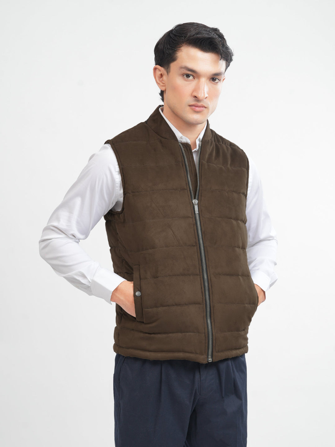 Brumano Mens RTW Solids Poly Jacket Dark Brown Suede Sleeveless Winter Collection