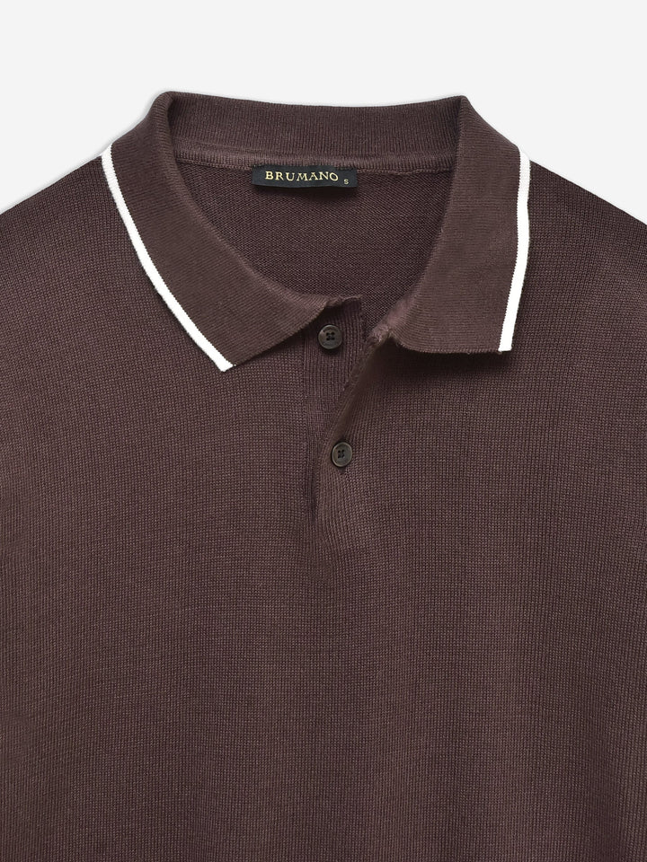 Brumano  Solids Cotton Polo Dark Brown Flat Knit Polo With Tipped Collar